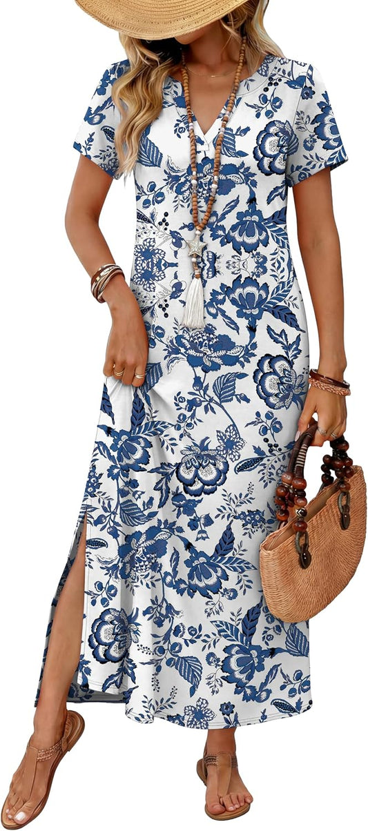 OFEEFAN Summer Dresses for Women 2026 Maxi Dress Short Sleeve Sundresses with Pockets Beach Vacation Spring Outfits