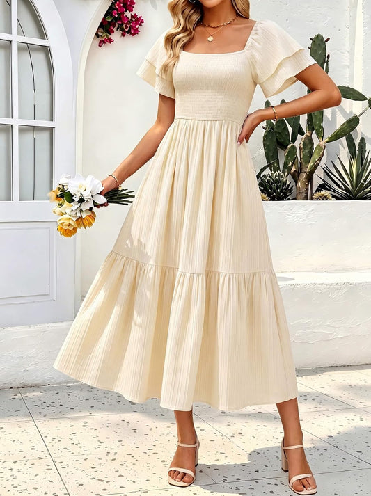 Women's Summer Midi Dress Short Sleeve Square Neck Off Shoulder Ruffle Elastic High Waist Vacation Dress with Pockets