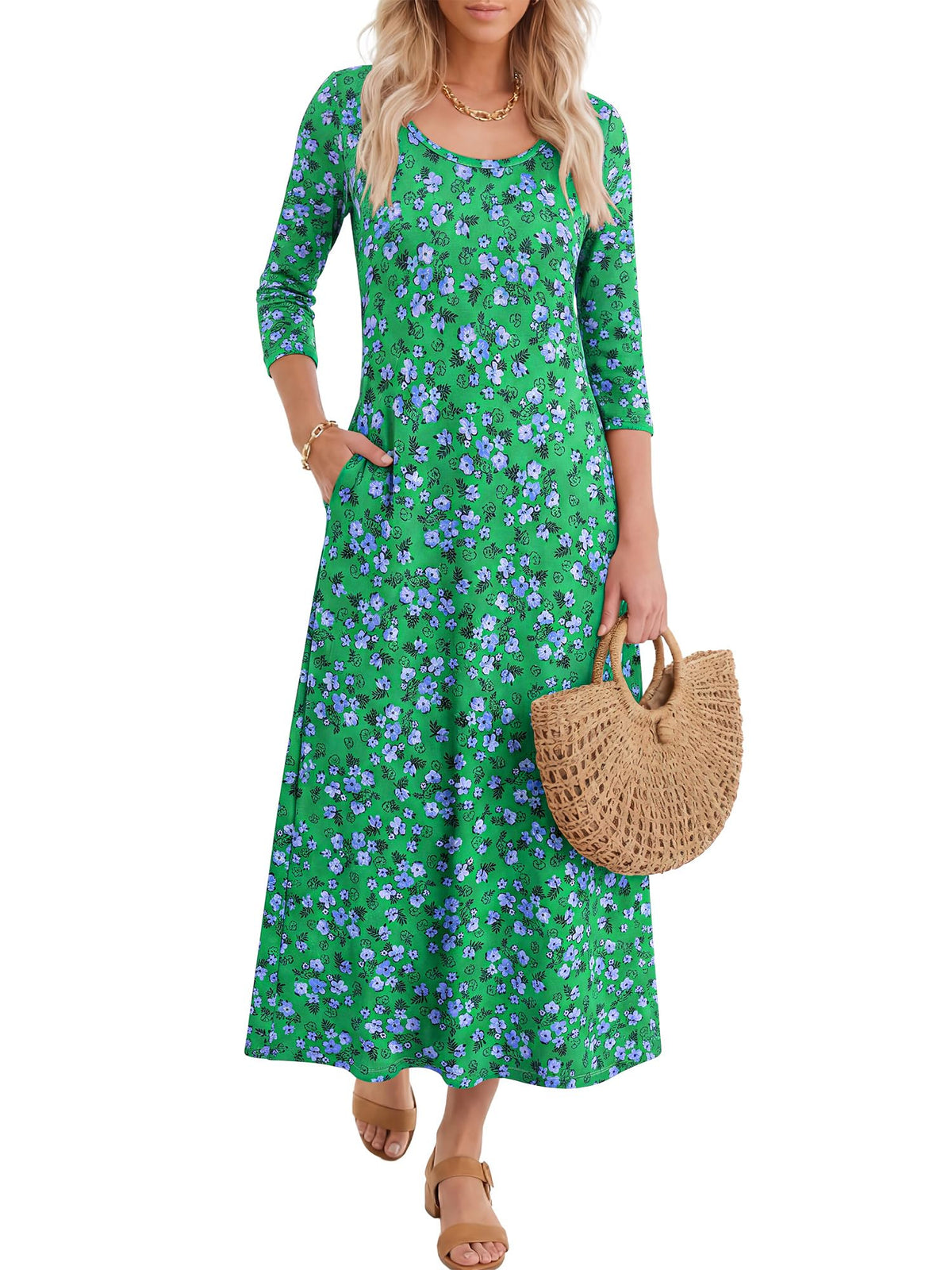 ANRABESS Womens 3/4 Sleeve Scoop Neck Casual Maxi Dress