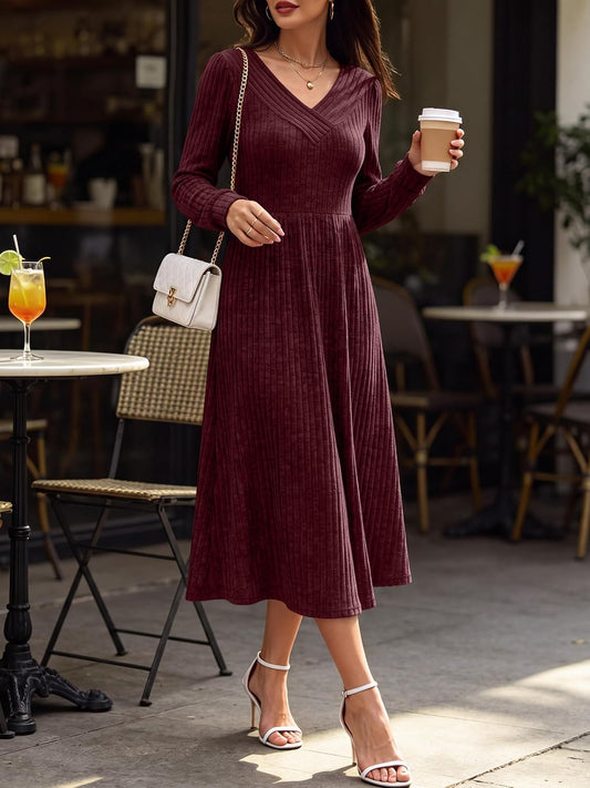 ANRABESS Womens Long Sleeve V Neck A Line Fall Midi Dress