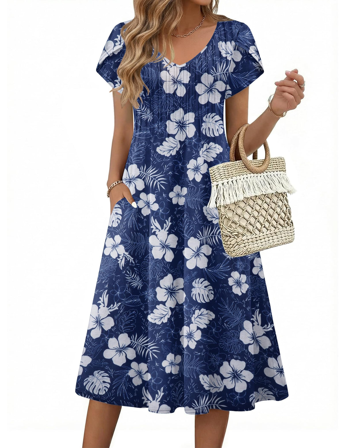Zeagoo Womens Casual Summer Dress 2026 Short Sleeve Dresses Pleats Midi A Line Flowy Dress Boho Beach Sundress with Pockets