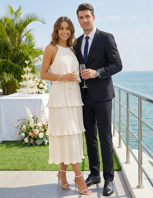ZESICA Womens Summer Halter Ruffle Wedding Guest Midi Dresses
