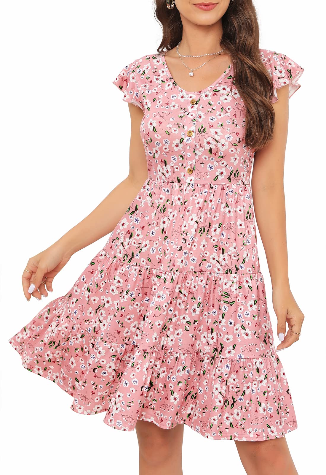 Lamilus Summer Dresses for Women 2026 Ruffle Sleeve V Neck Non-See Through Tiered Babydoll Mini Dress Graduation Beach