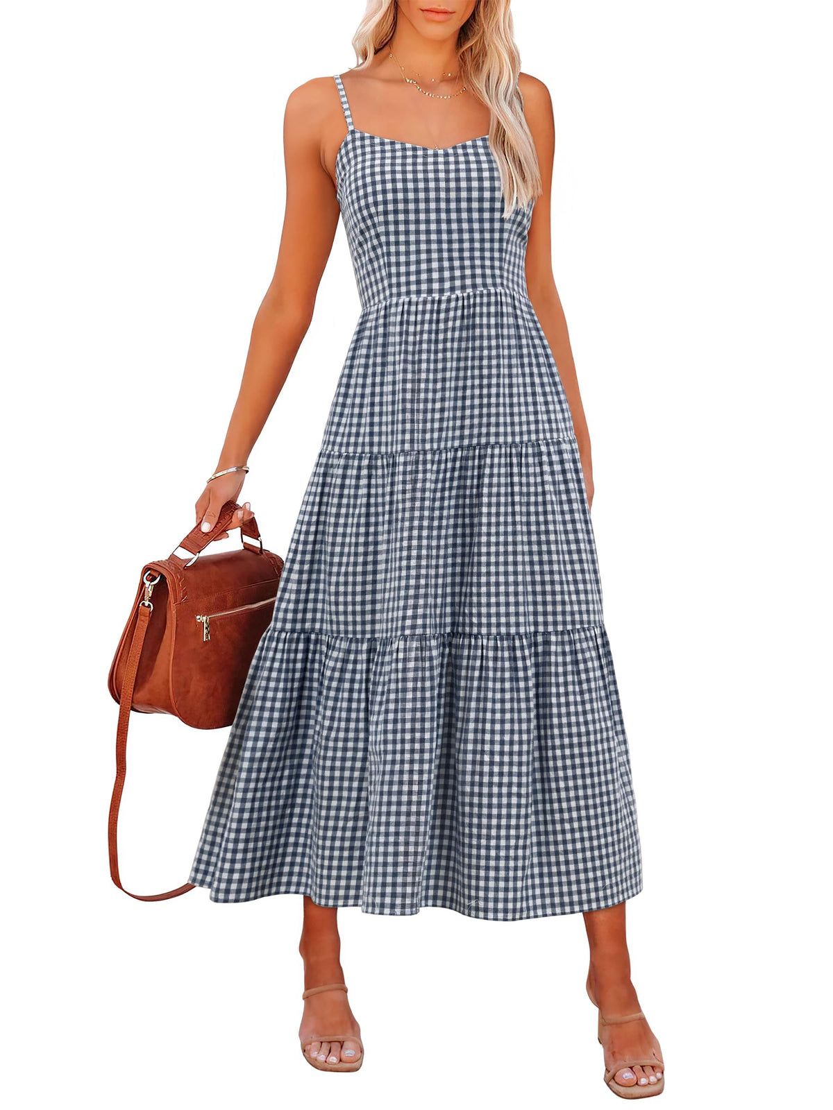 ANRABESS Womens Summer Striped Gingham Midi Dresses Casual Beach Sundress