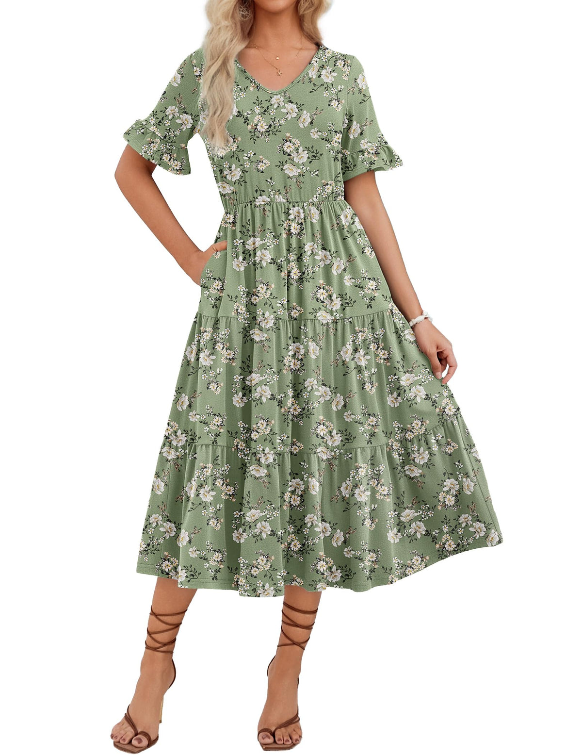 ZEAGOO Women's Summer Dresses Midi Tiered Casual Dress Floral V Neck Ruffle Short Sleeve Flowy Beach Dress with Pockets