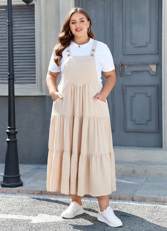 Moon Wood Plus Size Overall Dress for Women Summer Casual Maxi Dresses Jumper Dresses with Pockets Adjustable Straps
