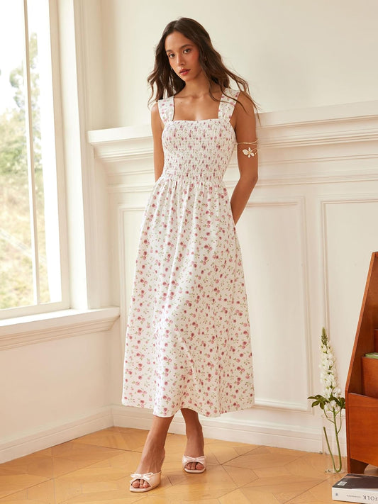 CIDER Womens Floral Smocked Dresses Square Neck Long Midi Sundress