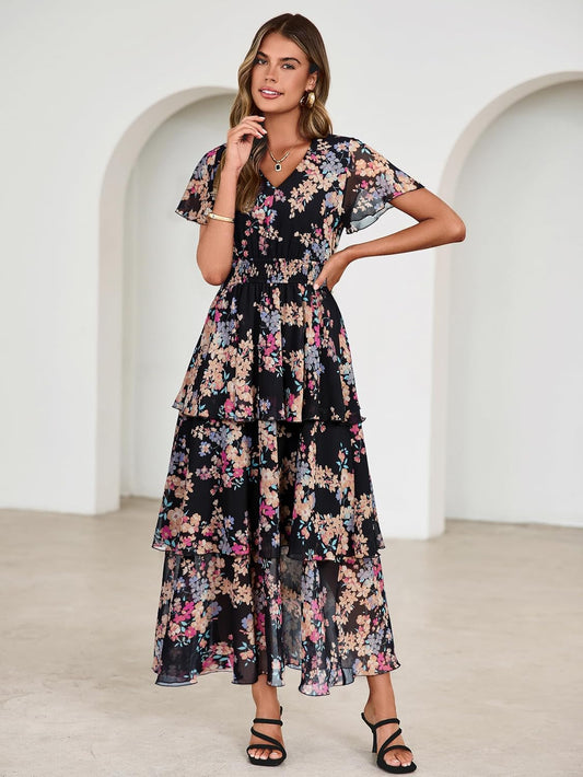 Simplee Women Floral Summer Maxi Dress Boho Flowy Ruffle Tiered Short Sleeves V Neck Long Wedding Guest Dresses