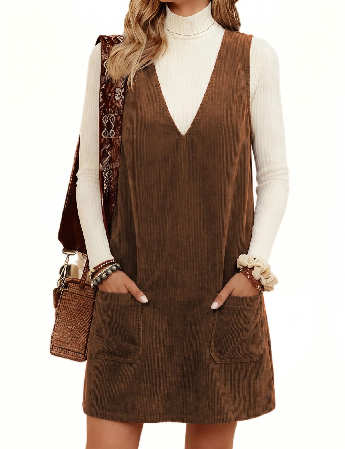 Hooever Women Corduroy Overall Dress V Neck A Line Skirtall Jumper Mini Dress Pinafore with Pockets