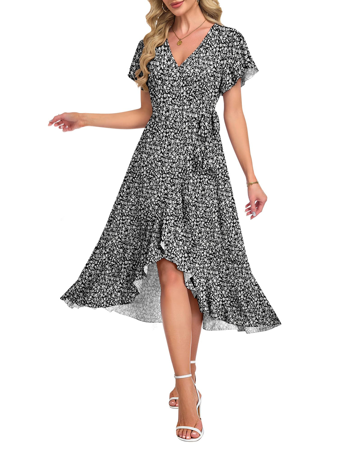 AUSELILY Women Summer Midi Dresses Wrap Short Flutter Sleeve Elegant Dress