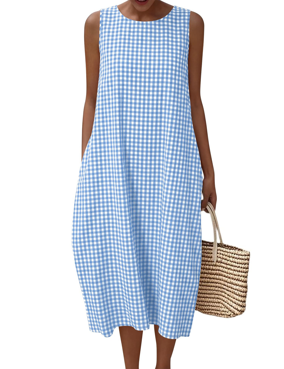 LOMON Womens Summer Sleeveless Dress Cotton Gingham Striped with Pockets