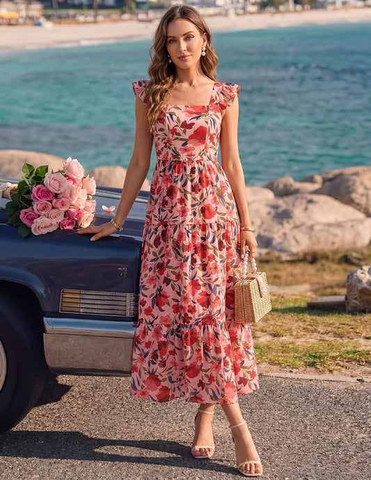 ZESICA Women's Summer Boho Floral Wedding Guest Midi Dresses