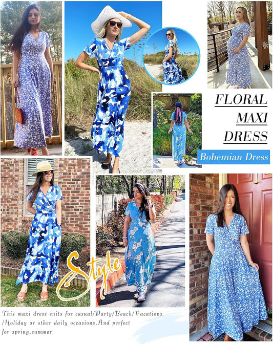 AUSELILY Maxi Dresses for Women Ankle Length Floral Beach Long Flowy Dress