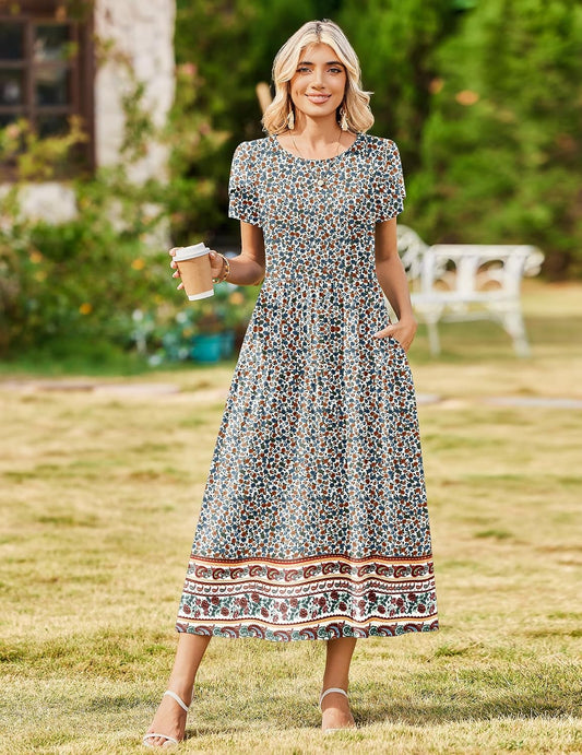 Zeagoo Summer Dresses for Women 2026 Maxi Bohemian Short Sleeve Long Dress