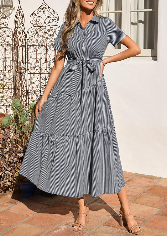 PRETTYGARDEN Women Striped Button Up Maxi Shirt Dress