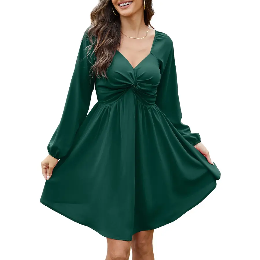 Chicovar Women's Spring Sweetheart Neckline Knot Front Flowy Mini Chiffon Dresses , Lantern Sleeve, A-Line Cut, No Scratchy, No Sheer, Westernfashion, Family Photos, Church, Party, Casual, or Daily Wear, Summervibes Long Sleeve Womenswear