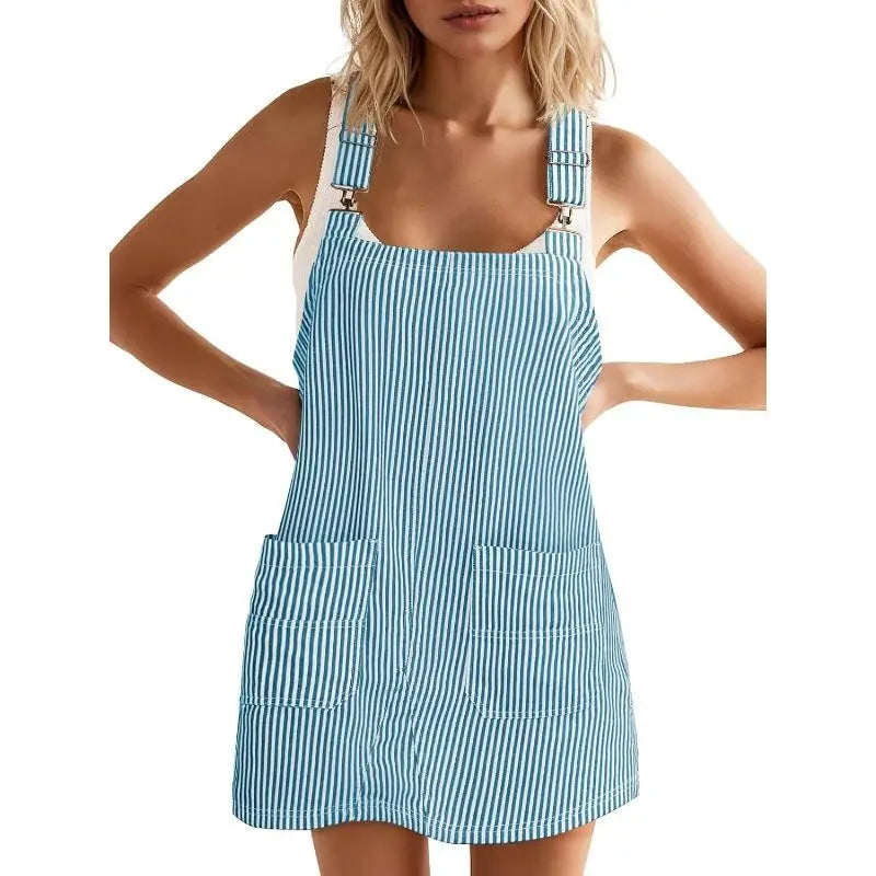 Imily Bela Womens Casual Striped Denim Dress Summer Pinafore Overalls Romper Adjustable Straps Jumper Dress with Pockets