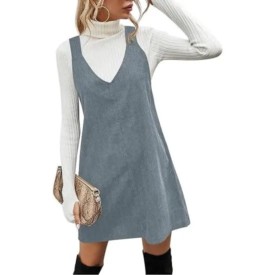Wenrine Women's V Neck Corduroy Overall Dress Casual Loose Short Pinafore Dresses Cute Mini Jumper Dress