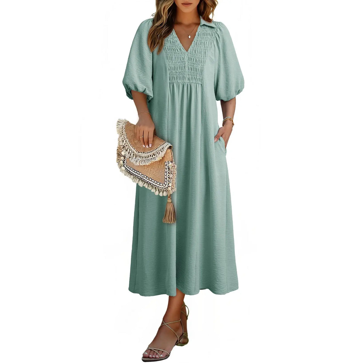 DOKOTOO Summer Dresses for Women 2026 Casual Dresses V Neck Puff Sleeve Empire Waist A-Line Maxi Dress