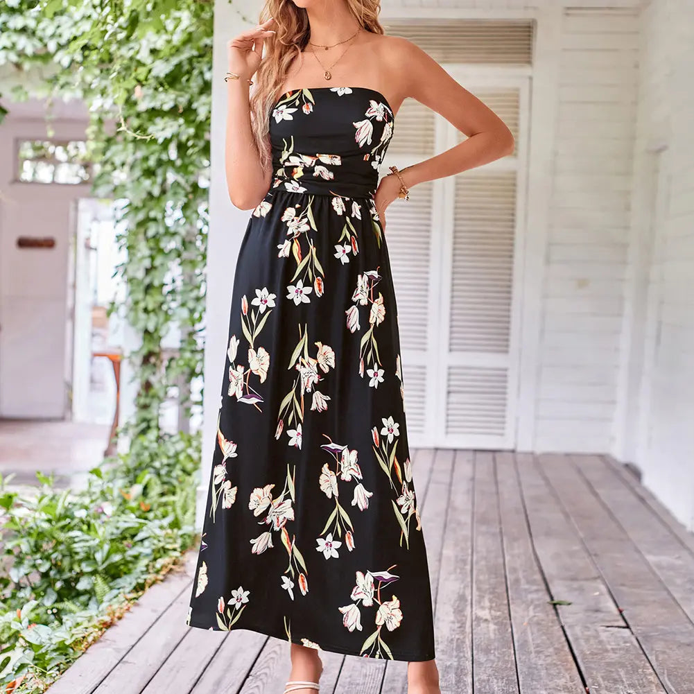 Grace Karin Women's Boho Strapless Sleeveless A-Line Wrap Maxi Dress, Ruched Floral Print Flowy Summer Beach Sundress with Pockets, Plus Size Friendly Casual Fashion Dress, Women's Casual Clothes