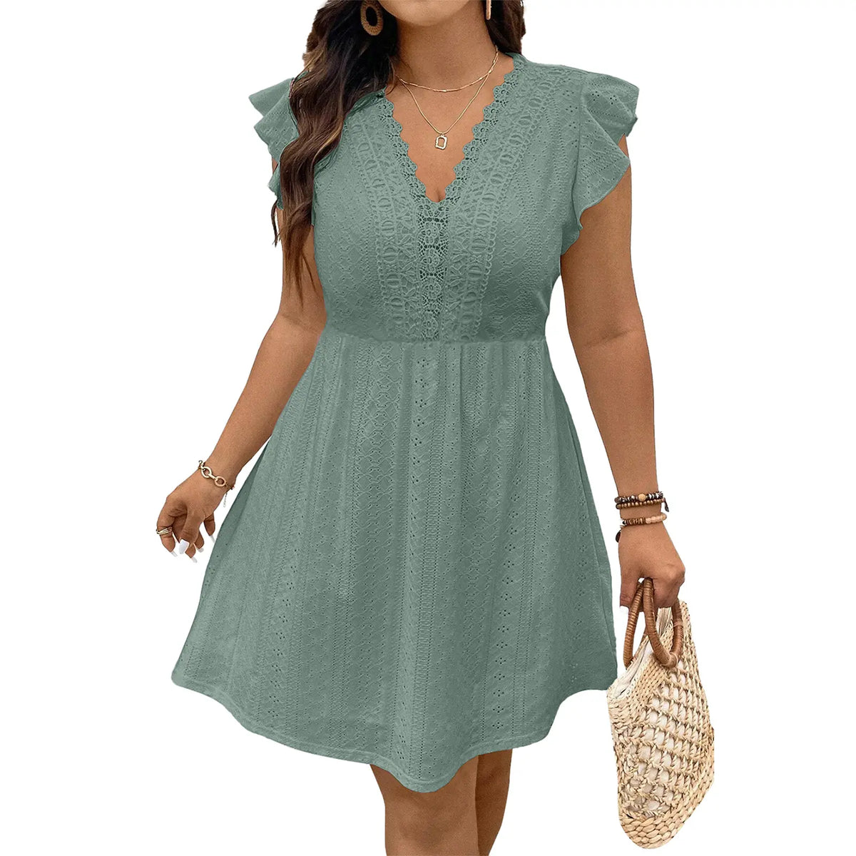Eytino Plus Size Dresses for Women Summer Ruffle Cap Sleeve Lace V Neck Embroidery Eyelet A Line Dress(1X-5X)