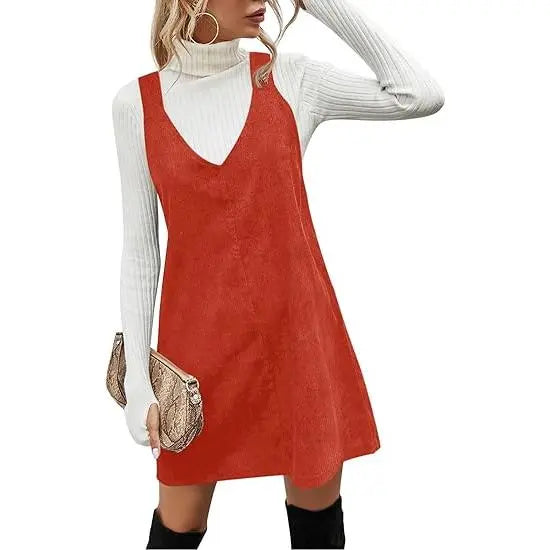 Wenrine Women's V Neck Corduroy Overall Dress Casual Loose Short Pinafore Dresses Cute Mini Jumper Dress