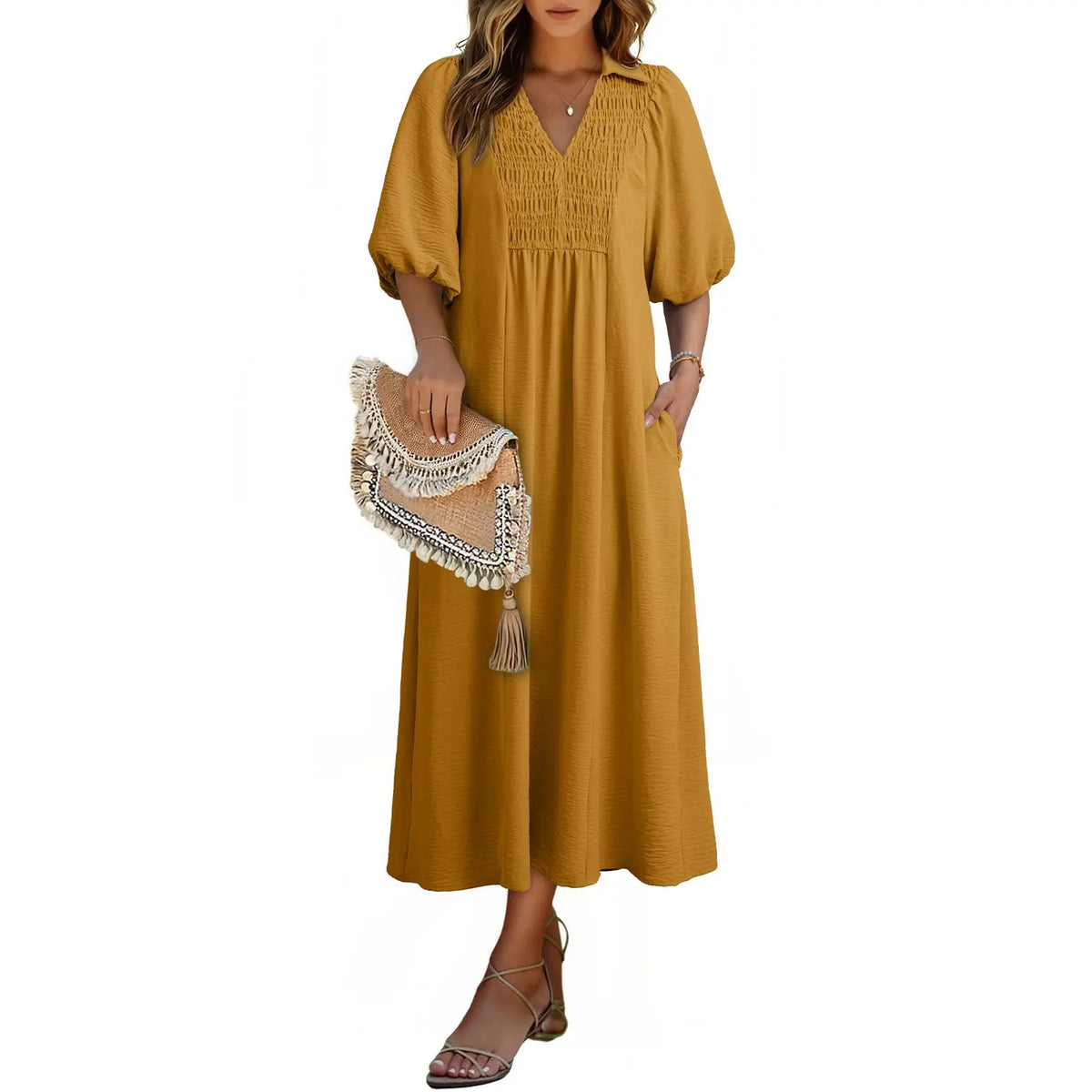 DOKOTOO Summer Dresses for Women 2026 Casual Dresses V Neck Puff Sleeve Empire Waist A-Line Maxi Dress