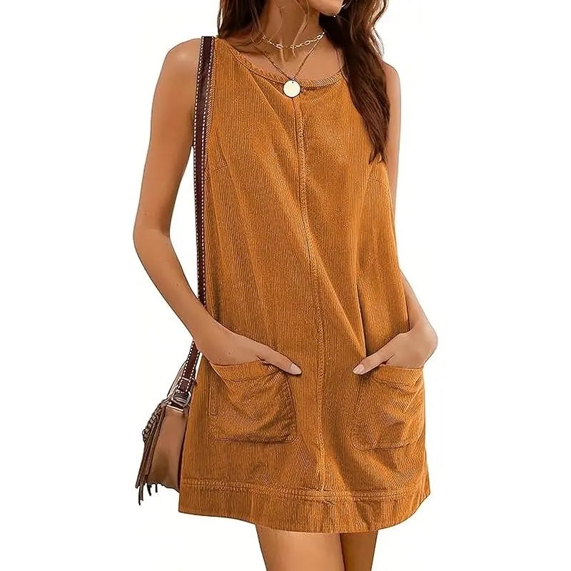 Women's Corduroy Overall Dress Round Neck A Line Skirtall Jumper Mini Dress Pinafore with Pockets