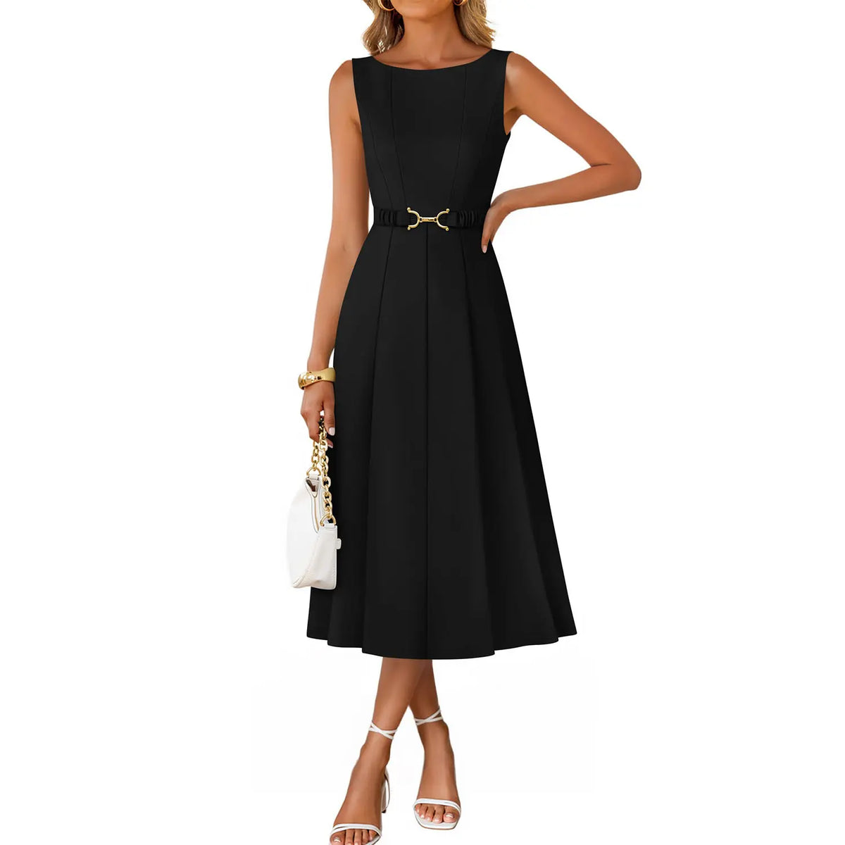 ZESICA Women Summer Sleeveless Midi Dresses 2026 Elegant Boat Neck A Line Tie Waist Spring Cocktail Party Dress