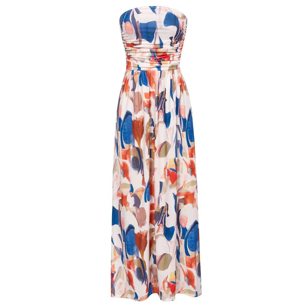 Grace Karin Women's Boho Strapless Sleeveless A-Line Wrap Maxi Dress, Ruched Floral Print Flowy Summer Beach Sundress with Pockets, Plus Size Friendly Casual Fashion Dress, Women's Casual Clothes