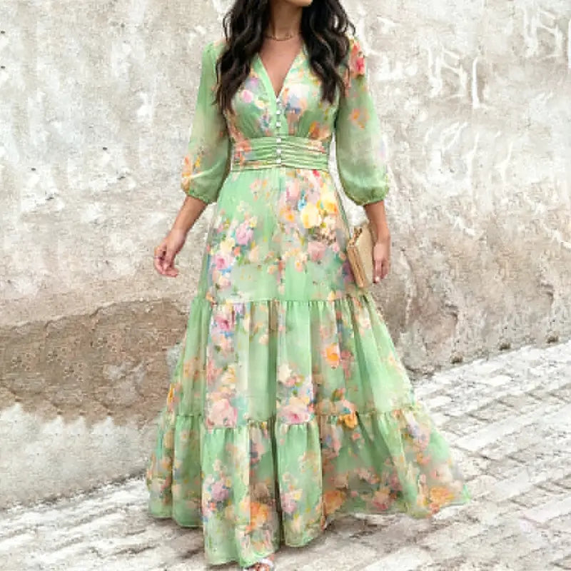 CHICME 2026 Women's Plants Print V-Neck Puff Sleeve Casual Maxi Dress