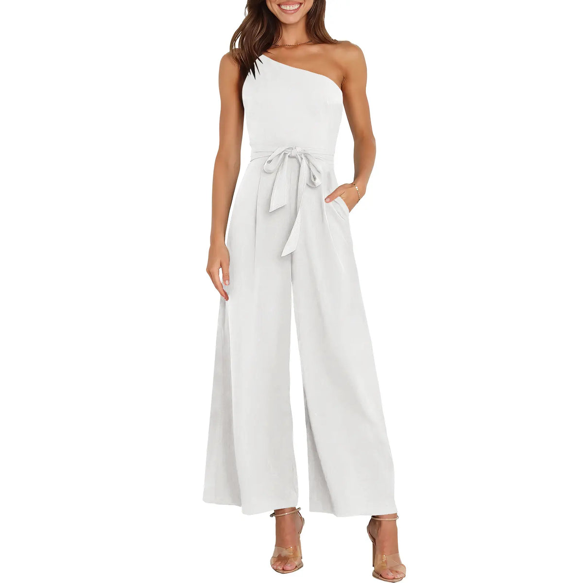 ANRABESS Women's Summer Dressy One Shoulder Sleeveless Tie Waist Backless Casual Wide Leg Jumpsuit Rompers Pockets Wedding Elegant  Overalls
