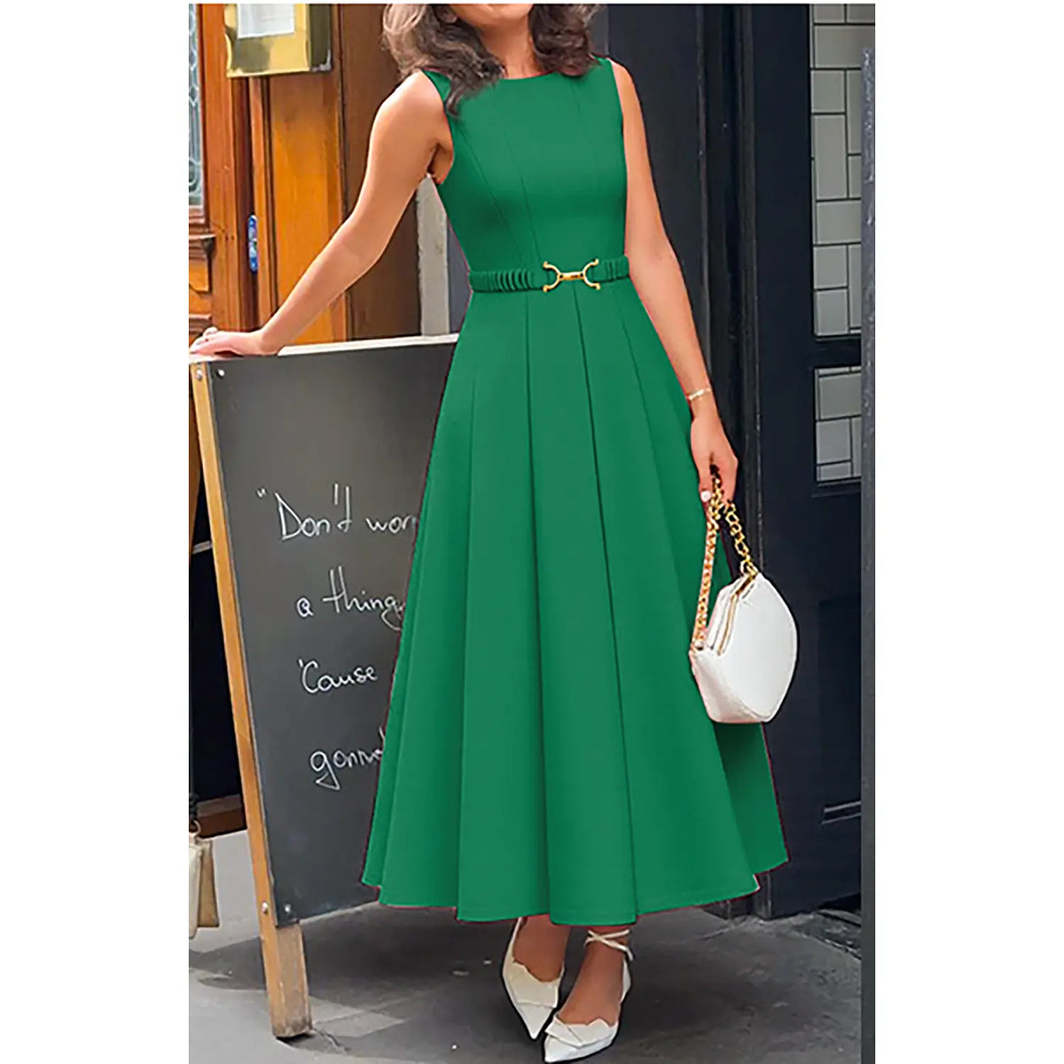 ZESICA Women Summer Sleeveless Midi Dresses 2026 Elegant Boat Neck A Line Tie Waist Spring Cocktail Party Dress