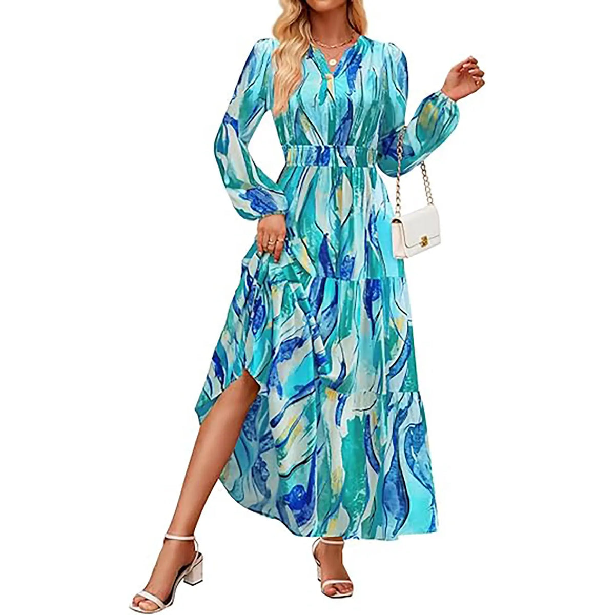 ZESICA Women's 2025 Fall Long Sleeve Maxi Dress Floral Print V Neck Empire Waist A Line Tiered Flowy Boho Party Dresses