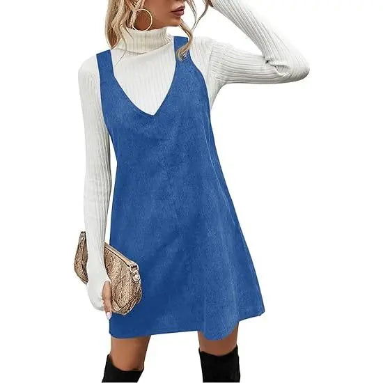 Wenrine Women's V Neck Corduroy Overall Dress Casual Loose Short Pinafore Dresses Cute Mini Jumper Dress