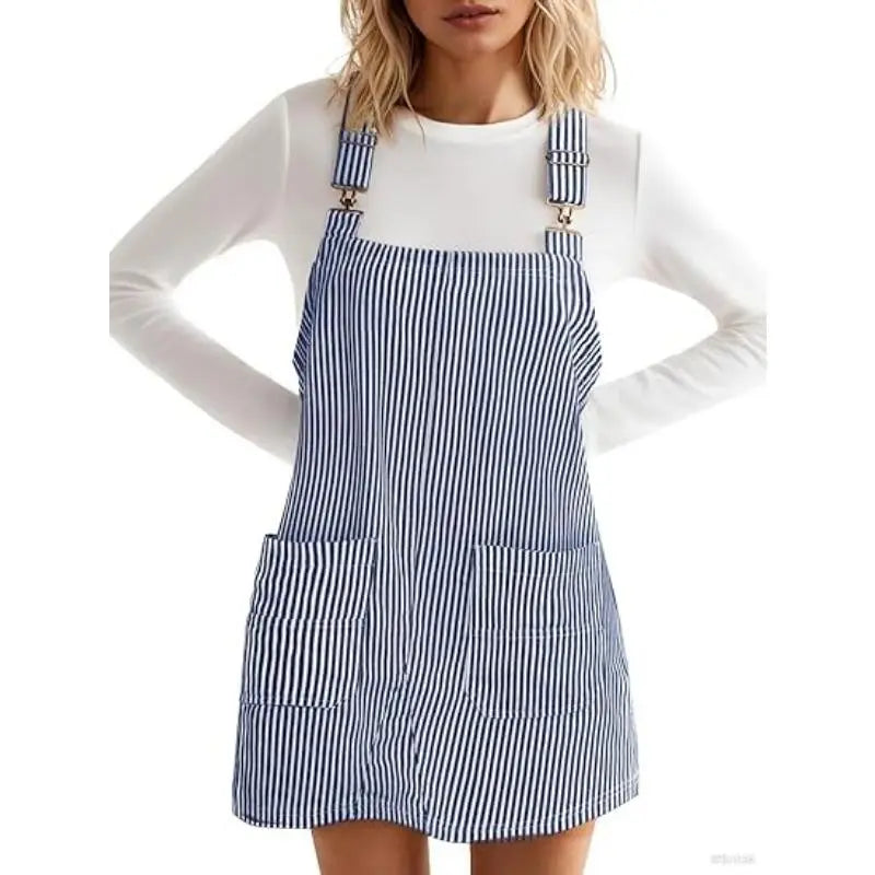 Imily Bela Womens Casual Striped Denim Dress Summer Pinafore Overalls Romper Adjustable Straps Jumper Dress with Pockets