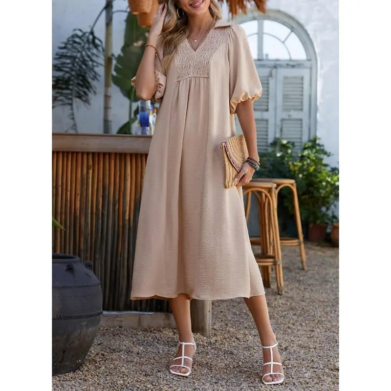 DOKOTOO Summer Dresses for Women 2026 Casual Dresses V Neck Puff Sleeve Empire Waist A-Line Maxi Dress