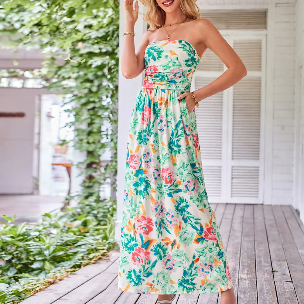 Grace Karin Women's Boho Strapless Sleeveless A-Line Wrap Maxi Dress, Ruched Floral Print Flowy Summer Beach Sundress with Pockets, Plus Size Friendly Casual Fashion Dress, Women's Casual Clothes