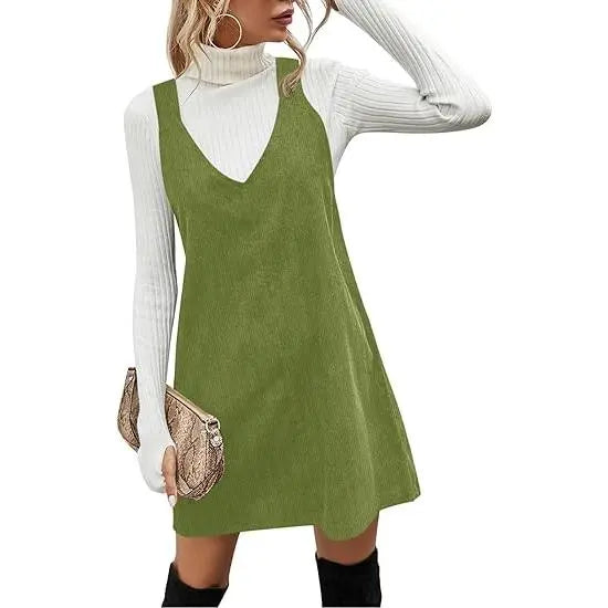 Wenrine Women's V Neck Corduroy Overall Dress Casual Loose Short Pinafore Dresses Cute Mini Jumper Dress