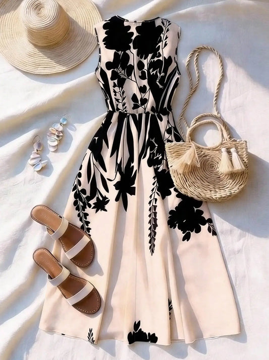 Women's Fashion Feminine Casual Chic Floral Print Sleeveless Vneck Dress, Summer Clothes for Vacation, Office, Beach and Graduation Party, Boho V Neck