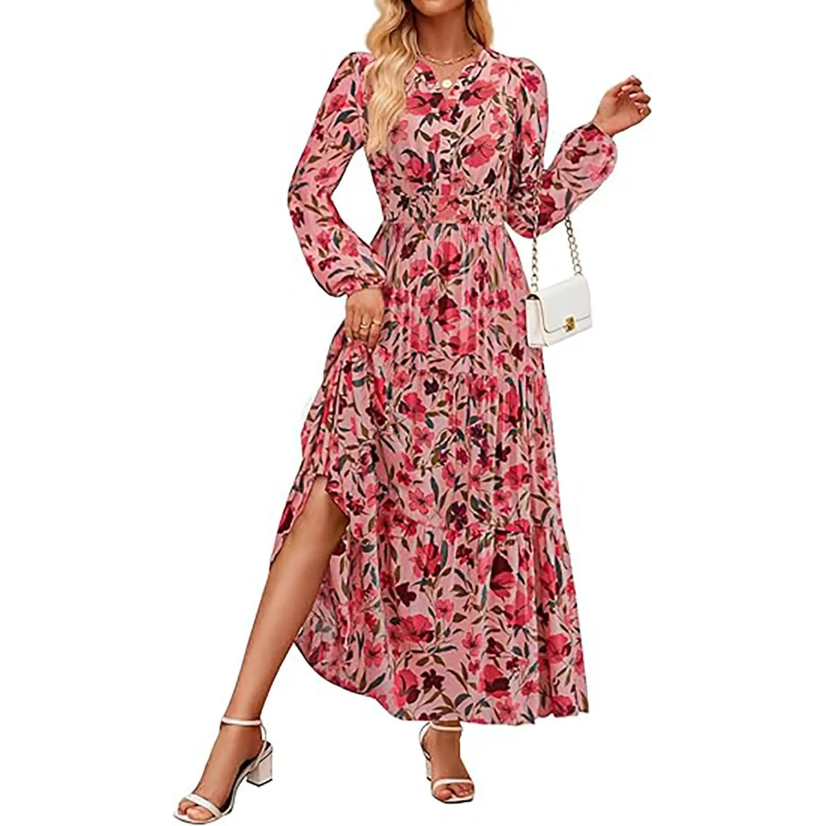 ZESICA Women's 2025 Fall Long Sleeve Maxi Dress Floral Print V Neck Empire Waist A Line Tiered Flowy Boho Party Dresses