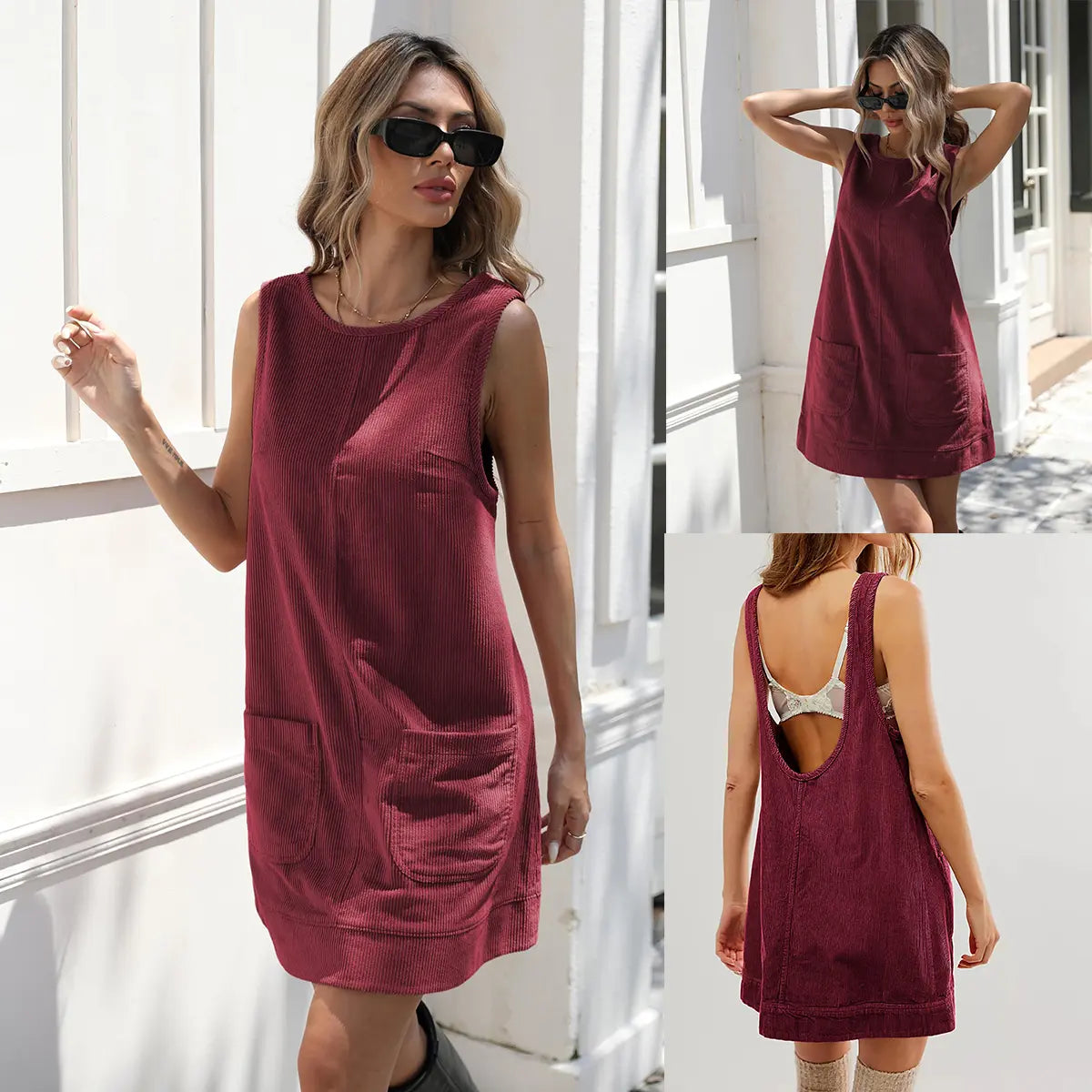 JovenPara Women's 70%Cotton-30%Polyester Corduroy Sleeveless A-Line Mini Overall Dress - Basic Casual Machine Washable Dress with Round Neck, Patch Pockets, Open Back, Above Knee, Elegant Women's Clothes