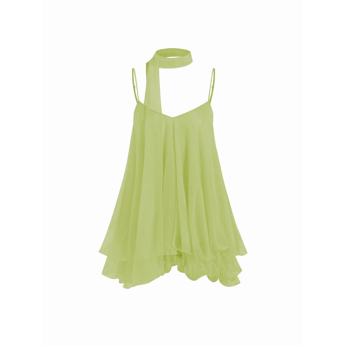 Cider V-Neck Halter Ruffled Hem Tulle Glitter Mini Dress Casual Wear Sexy Glamorous Women's Party Clubbing Festival Gown, Oversized Loose Fit Bounce Sundress with Scarf for Summer SohoChic