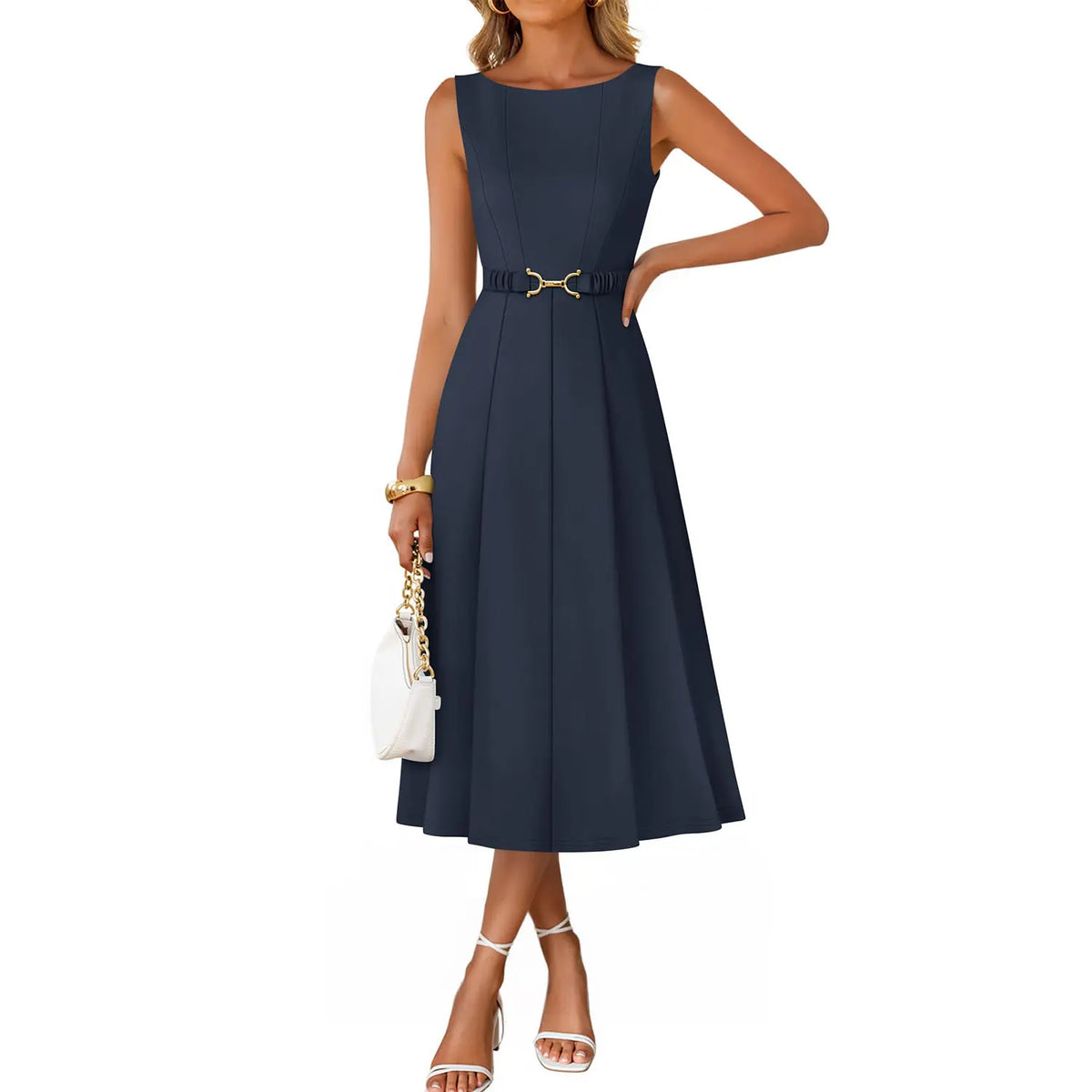 ZESICA Women Summer Sleeveless Midi Dresses 2026 Elegant Boat Neck A Line Tie Waist Spring Cocktail Party Dress