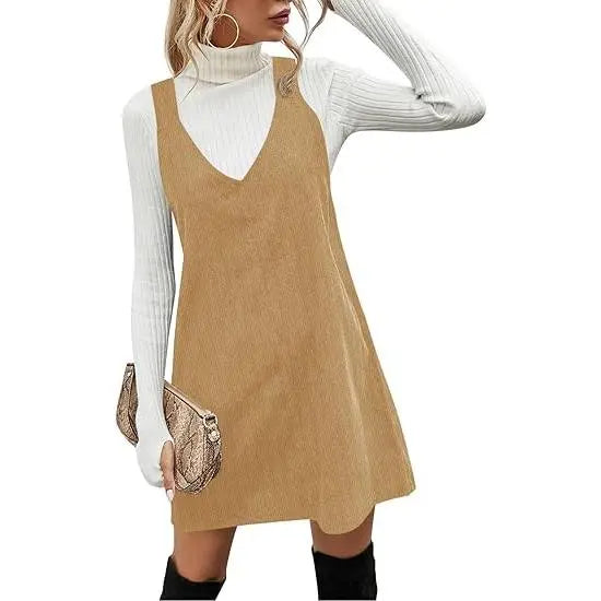Wenrine Women's V Neck Corduroy Overall Dress Casual Loose Short Pinafore Dresses Cute Mini Jumper Dress