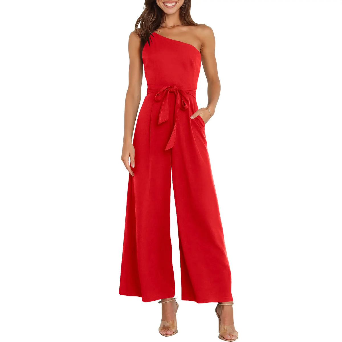 ANRABESS Women's Summer Dressy One Shoulder Sleeveless Tie Waist Backless Casual Wide Leg Jumpsuit Rompers Pockets Wedding Elegant  Overalls
