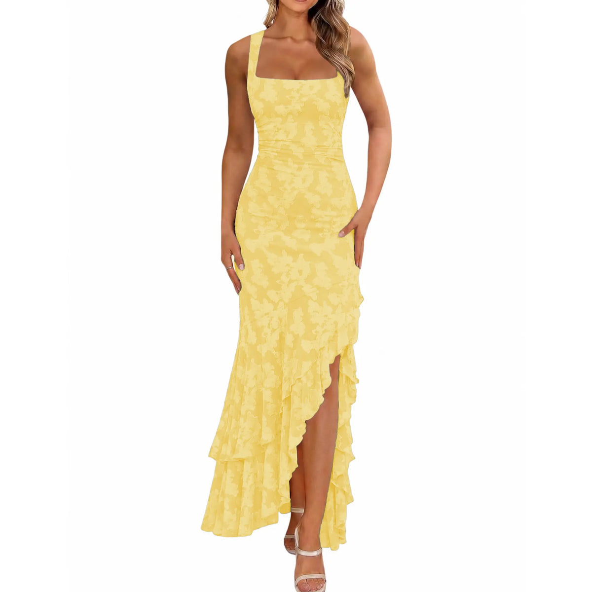 BORIFLORS Women's Chic Floral Embroidery Mermaid Maxi Dress - Sexy Square Neck Ruched Bodycon Gown for Wedding Guest, Formal Party, Birthday Outfits - Clothes, Wedding Guest Dresses, Gowns