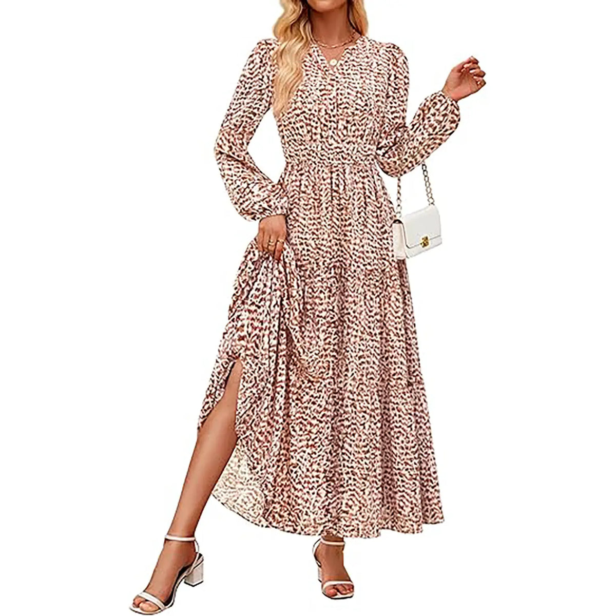 ZESICA Women's 2025 Fall Long Sleeve Maxi Dress Floral Print V Neck Empire Waist A Line Tiered Flowy Boho Party Dresses