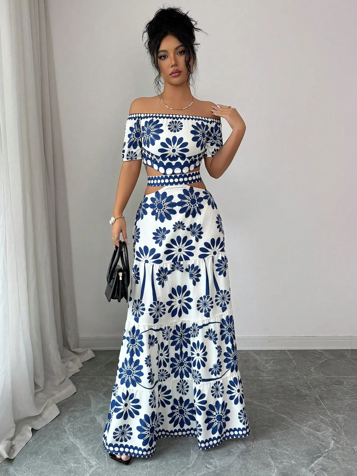 Women's Floral Off-Shoulder Short Sleeve Hollow Out Waist Fashion Chic Bohemian Dress, Tropical Vacation Women's Dress, Long Dress for Summer
