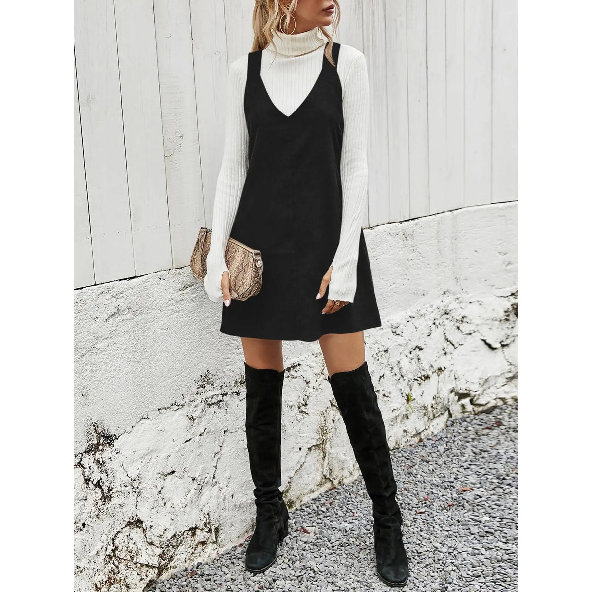 Wenrine Women's V Neck Corduroy Overall Dress Casual Loose Short Pinafore Dresses Cute Mini Jumper Dress